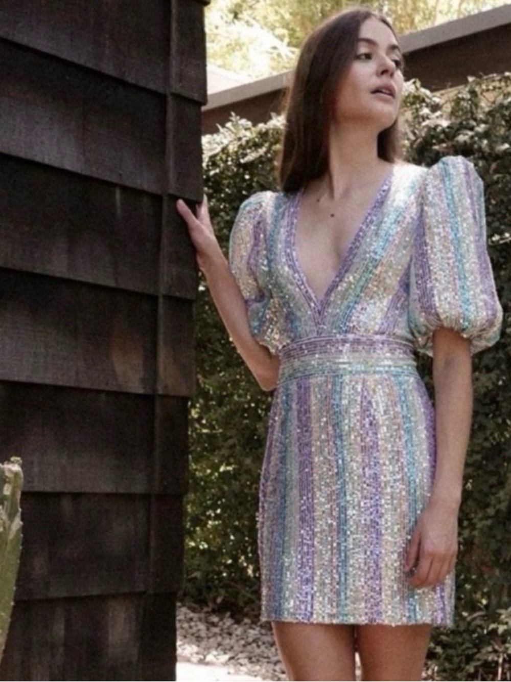 Saylor Indira Rainbow Sequin Puff Sleeve Dress 
size S